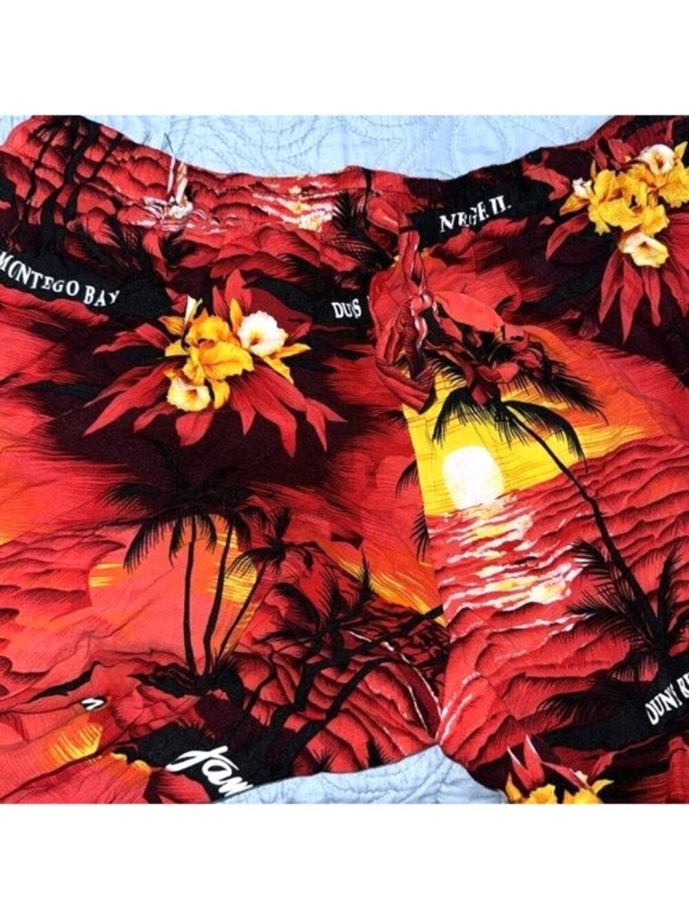 Hawaiian Sunset Print Drawstring Capri Pants Vibrant Red & Yellow Tropical Desi - Picture 2 of 6